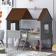 preview thumbnail 1 of 9, Twin Size Low Loft Bed with with Two Side Windows, House-shaped Bed with Ladder, Pine Wooden Bed with Guardrail, Gray+Brown Grey+Brown