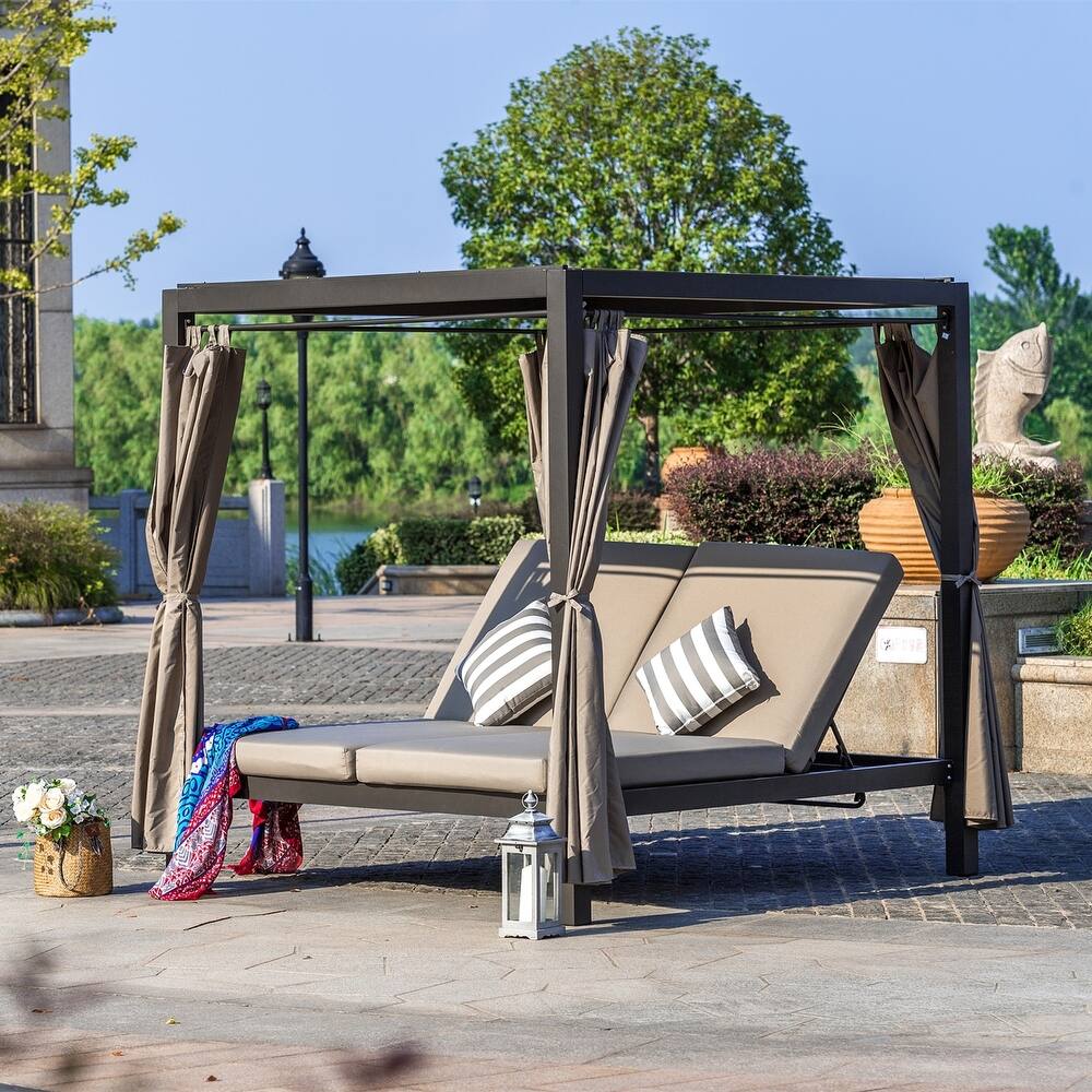 Outdoor Adjustable Daybed with Canopy Patio Steel Lounge Set