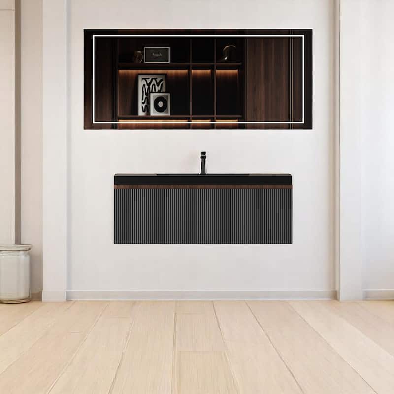 24''/30''/36''/42'' Floating Vanity,Smoked Walnut Storage Cabinet with Soft-Close Drawers,Black Quartz Sand Sink,Wall-Mounted - 36