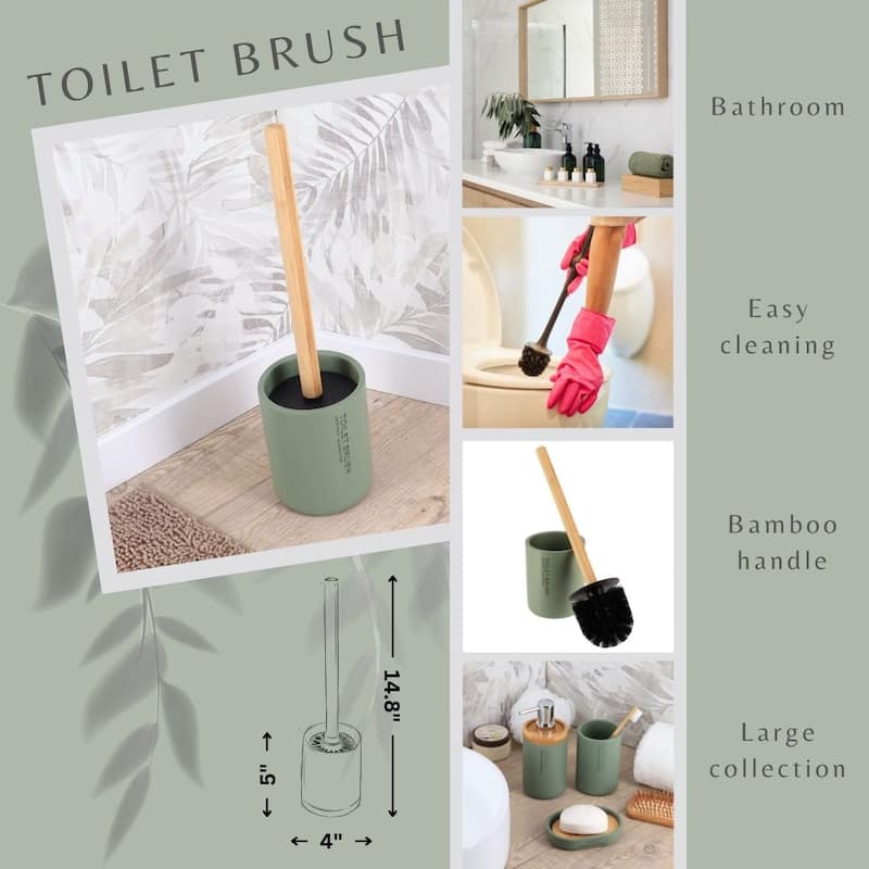 Chic Matte Toilet Brush Holder Set with Natural Bamboo Handle - 4 L x 4 W x 14.8 H