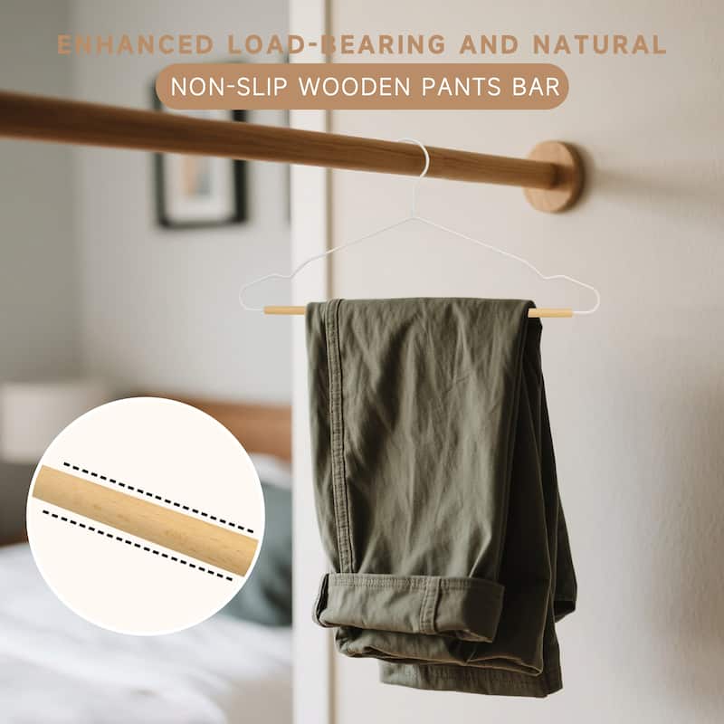 BP4U Heavy Duty Metal Clothes Hangers with Pants Bar, Wire Hangers with Beech Wood Trouser Bar for Sweaters, Jackets, Jeans