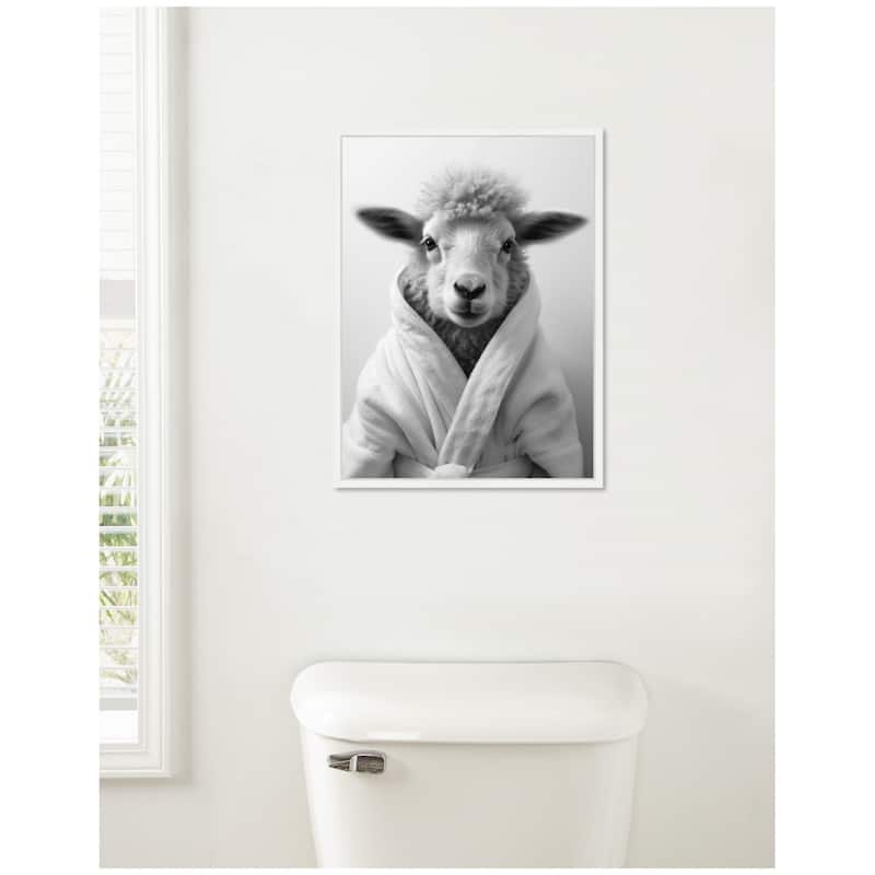 Kate and Laurel Sylvie Sheep Bathroom Art Towel Robe Black and White Framed Canvas by The Creative Bunch Studio