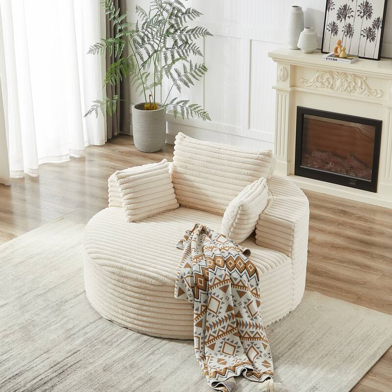 Corduroy Upholstered Single Sofa, Oversized Fluffy Round Sofa, Single Sleeper Reading Chair with Armrest & Pillow