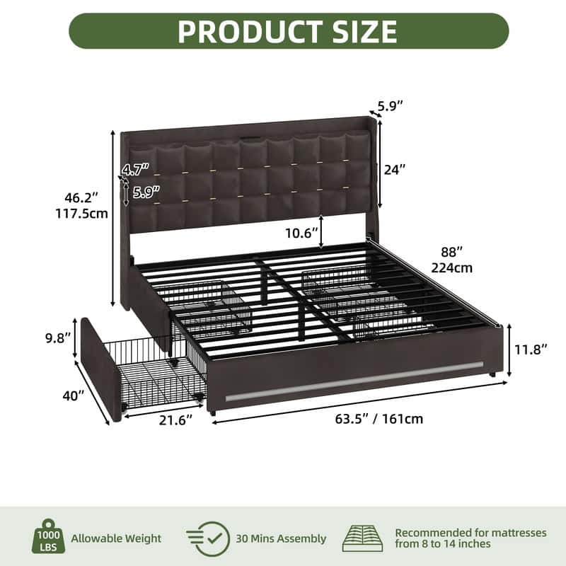 Moasis King Size Velvet Platform Bed with 4 Drawers,Bed Frames with RGB Light & Built-in Charging Station - Grey-4 Drawers - Queen