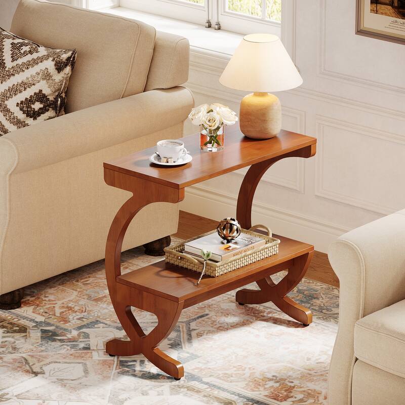Modern 2-Tier Wood End Table with Curved Crossed Legs - Walnut - 1 Pack