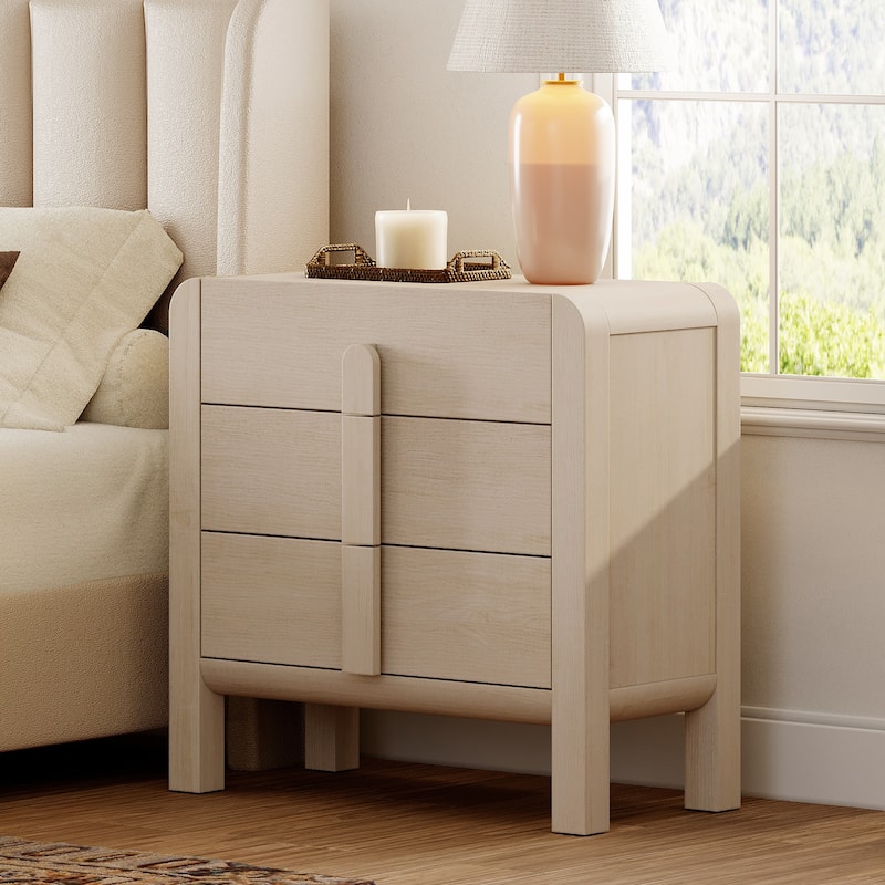 WAMPAT Modern Wood Nightstand With 3 Drawers ,31.5" Large Mid-Century End Table,Curved Bedside Table Storage Cabinet For Bedroom