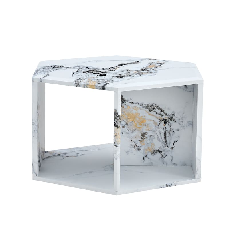 Hexagonal MDF coffee table, characteristic pattern stickers, multi-hole design to give more storage space