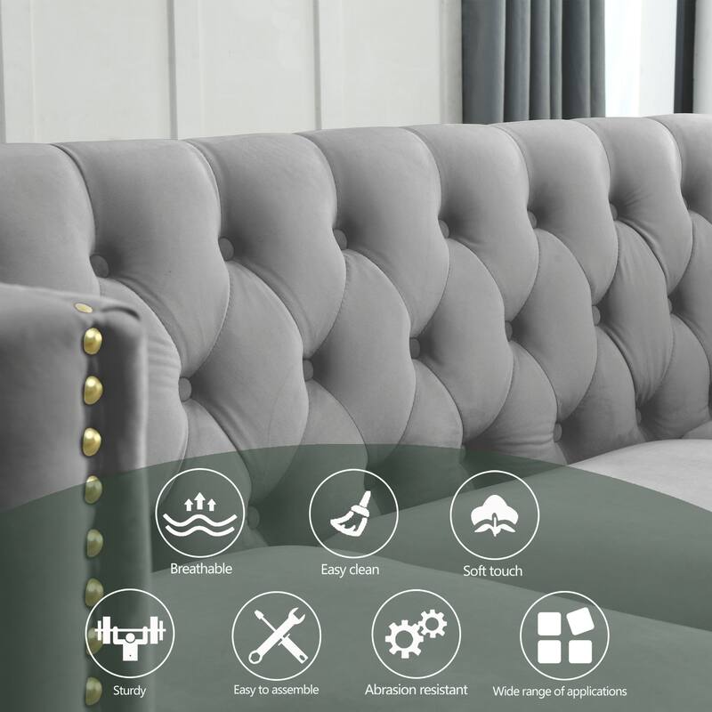Classic Chesterfield Velvet Sofa Set, 2-Piece Button-Tufted 3-Seater Couch with Nailhead Trim and Metal Legs
