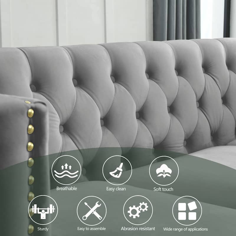 Roomfitters 80.5" Chesterfield Sofa, 3-Seater Velvet Tufted Couch with Square Arms, Nailhead Trim and Gold Metal Legs