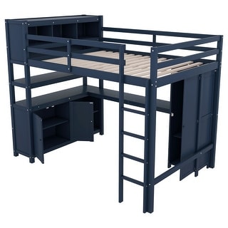 Full Size Wood Loft Bed with Cabinet and Bookshelf