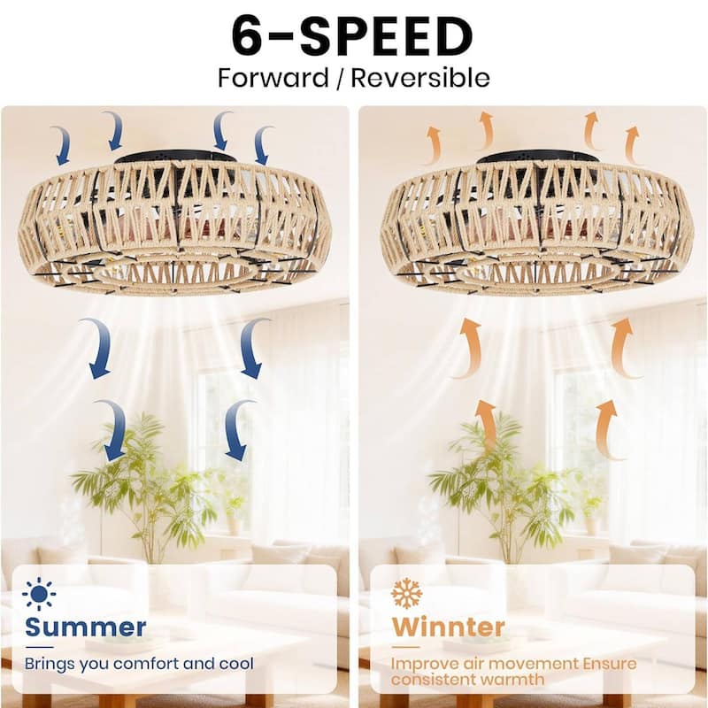 20 in 6 Speed Reversible Caged Ceiling Fan with Light Flush Mount for Bedroom Living Room