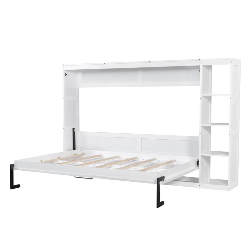 Full Size Murphy Bed Cabinet with Bookshelf, Space-Saving Foldable Wood Wall Bed Frame w/Hidden Bed Foundation & Slats Support