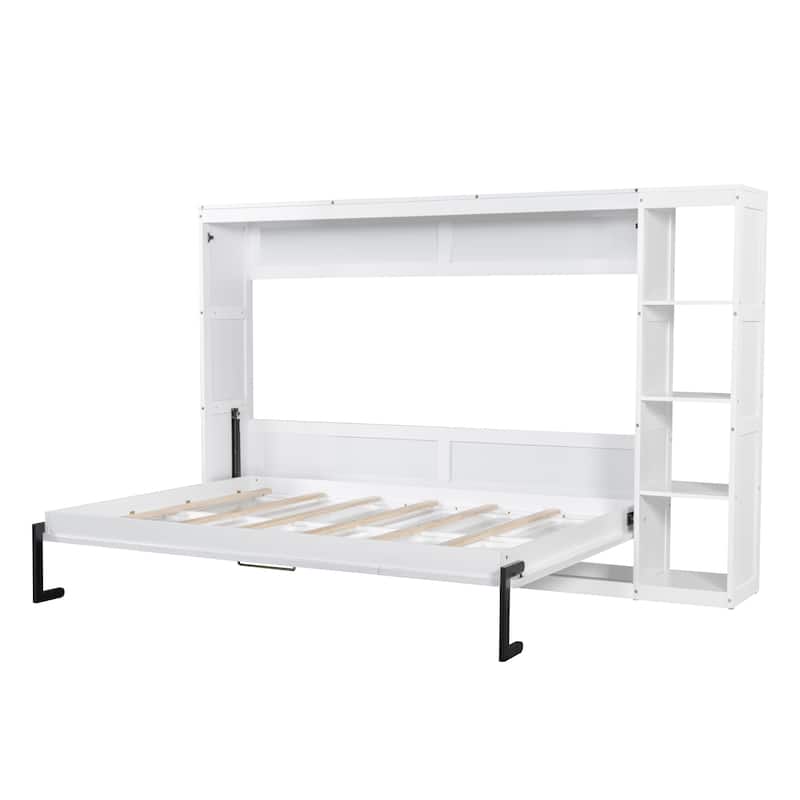 Space-Saving Full Size Murphy Bed with Bookshelf and Storage, White