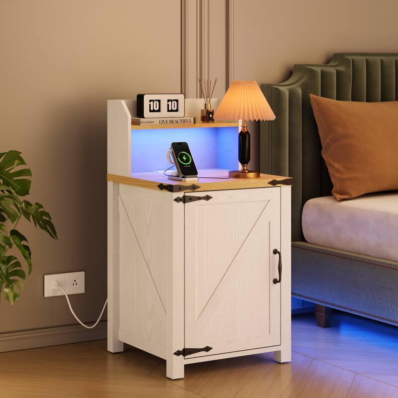 Anmytek Rustic Barn Door Nightstand,End Table with Outlets USB Charging Station LED Lights Storage Cabinet