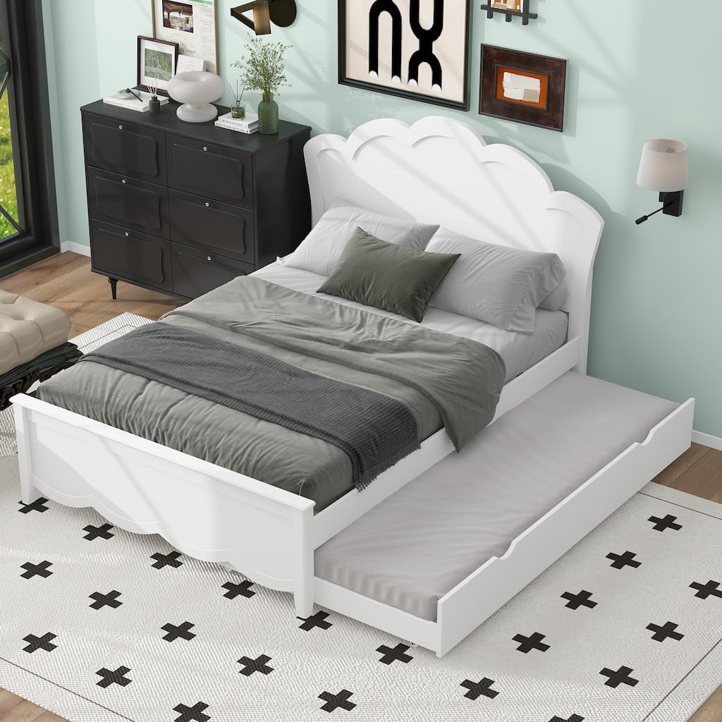 Solid Wooden Bed Frame, Full Size Platform Bed with Headboard and Pull-out Trundle Bed for Bedroom, Apartment, Natural
