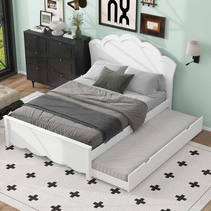 White Full Size Wood Platform Bed with Headboard and Twin Trundle