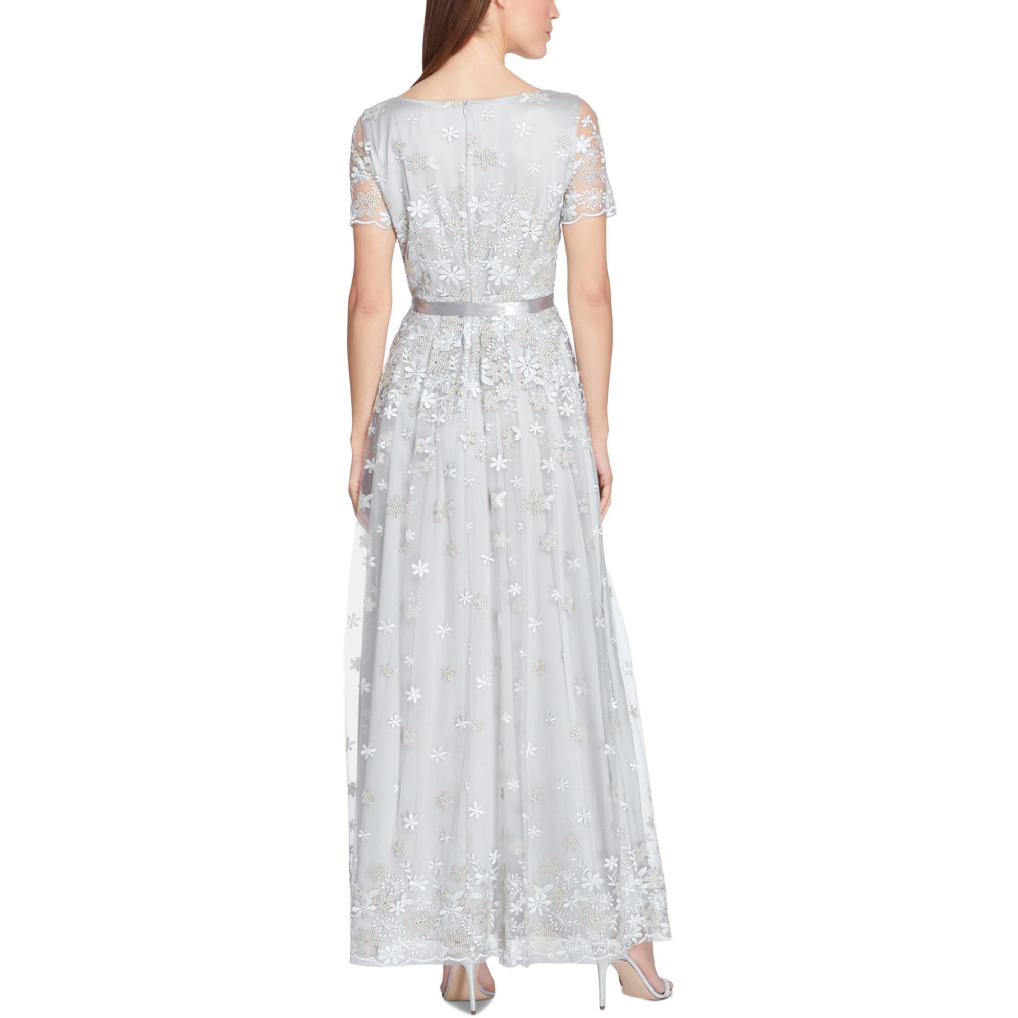 tahari asl embroidered a line gown