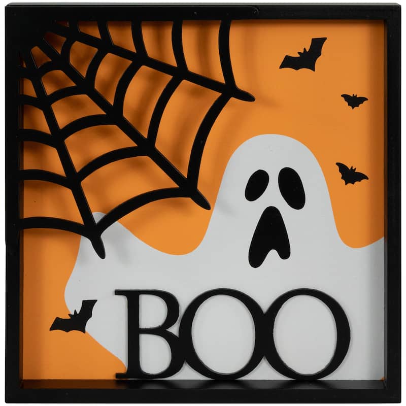 Framed 3D Ghost and Spider Web "Boo" Halloween Wall Sign - 9.75"