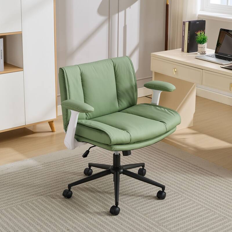 Cross Legged Office Chair on Wheels with Flip-Up Armrests Leather and Wide Seat