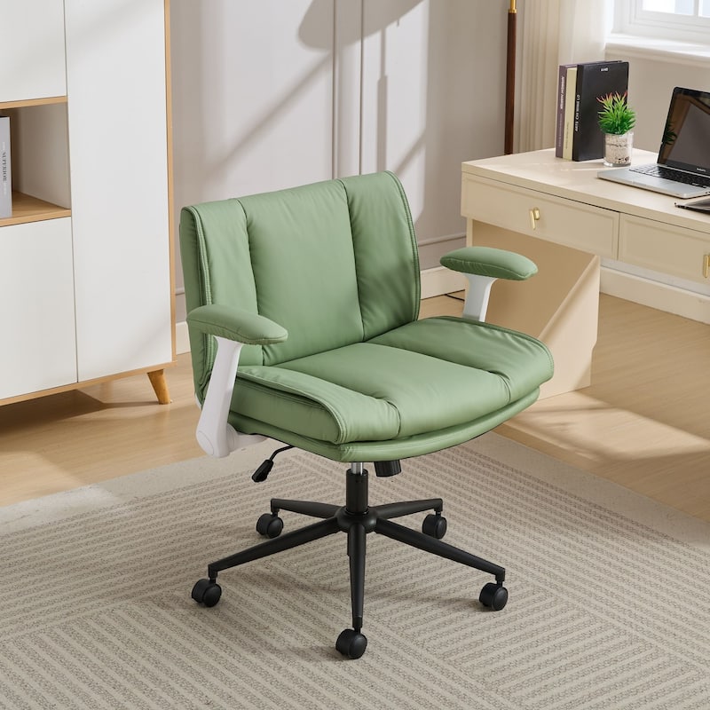 Green Leather Office Chair with Crossed Legs and Flip-Up Armrests - Green