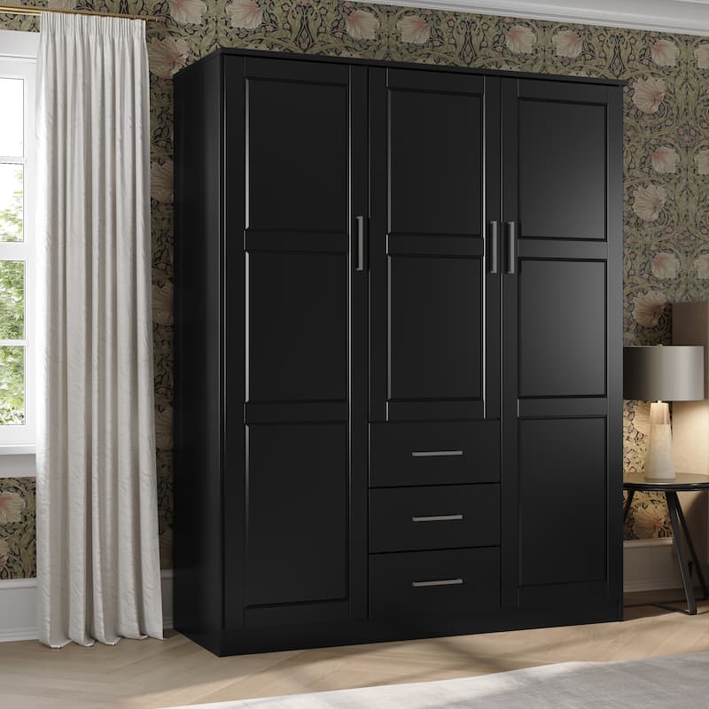 Palace Imports 100% Solid Wood Cosmo 3-Door Wardrobe Armoire with Solid Wood or Mirrored Doors - Black-Raised Panel
