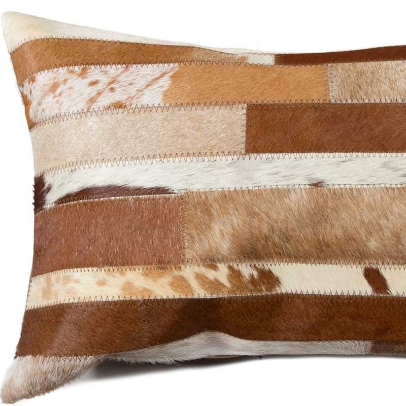 HomeRoots 12" X 20" Brown and White Cowhide Throw Pillow