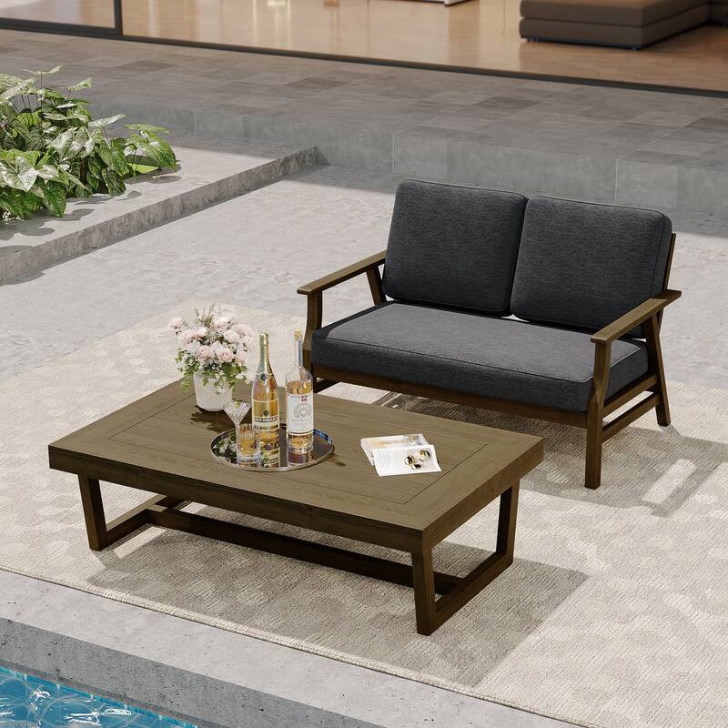 Modern Wood Outdoor Patio Sofa Loveseat with Cushion - Loveseat Set - Dark Grey