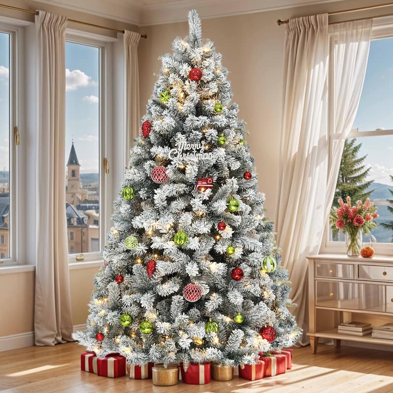 6 /7.5 /9 ft Prelit Snow Flocked Christmas Tree with Remote, 11 Light Modes & Foldable Base