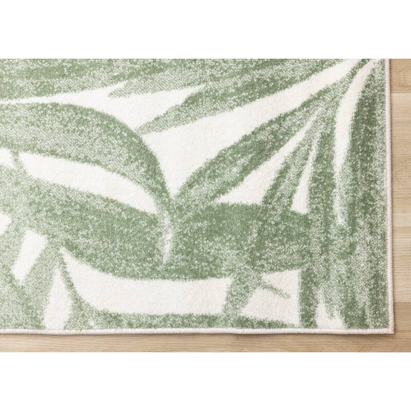 Green White Palm Branch Design Living Room Rug