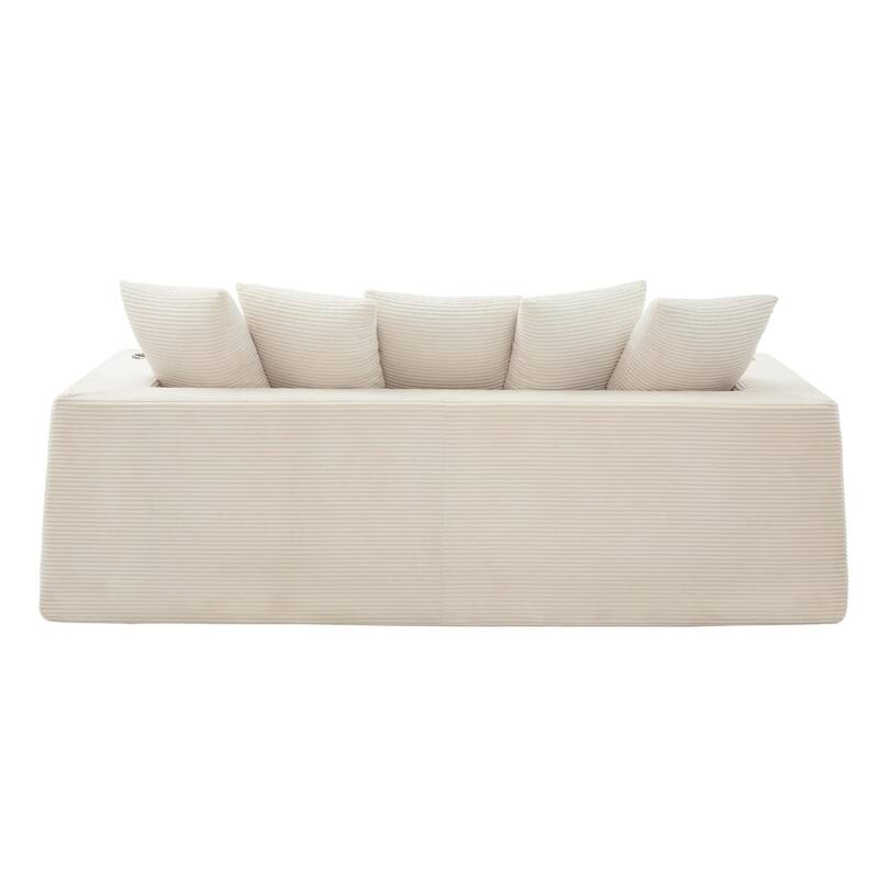 Modern Convertible Loveseat Sofa Bed, Corduroy Fabric Foldable Floor Couch w/5 Pillows, Side Pockets & Cup Holders, No Assembly