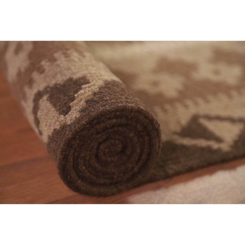 Hand Woven Oriental 100% Wool Carpet Southwestern Geometric Brown Kilim Area Rug - 9' 10'' X 6' 9''