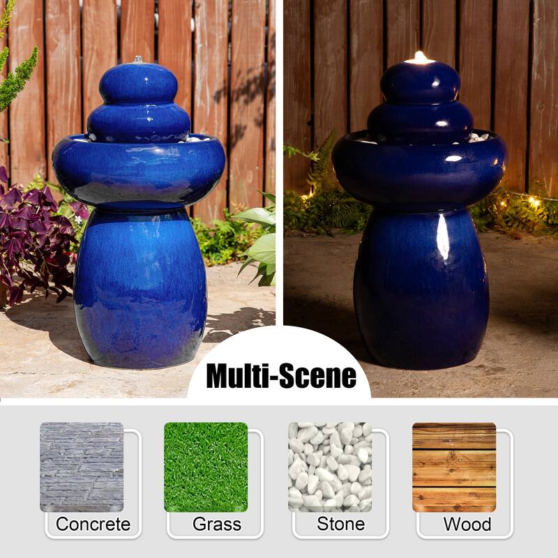 Glitzhome 22"H Zen-Style Cobalt Blue Pebbles Outdoor Ceramic Fountain with Pump and LED Light