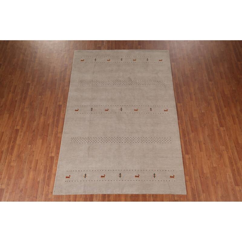 Gabbeh Oriental Area Rug Hand-Knotted Beige Tribal Wool Carpet - 6'7"x 9'9"