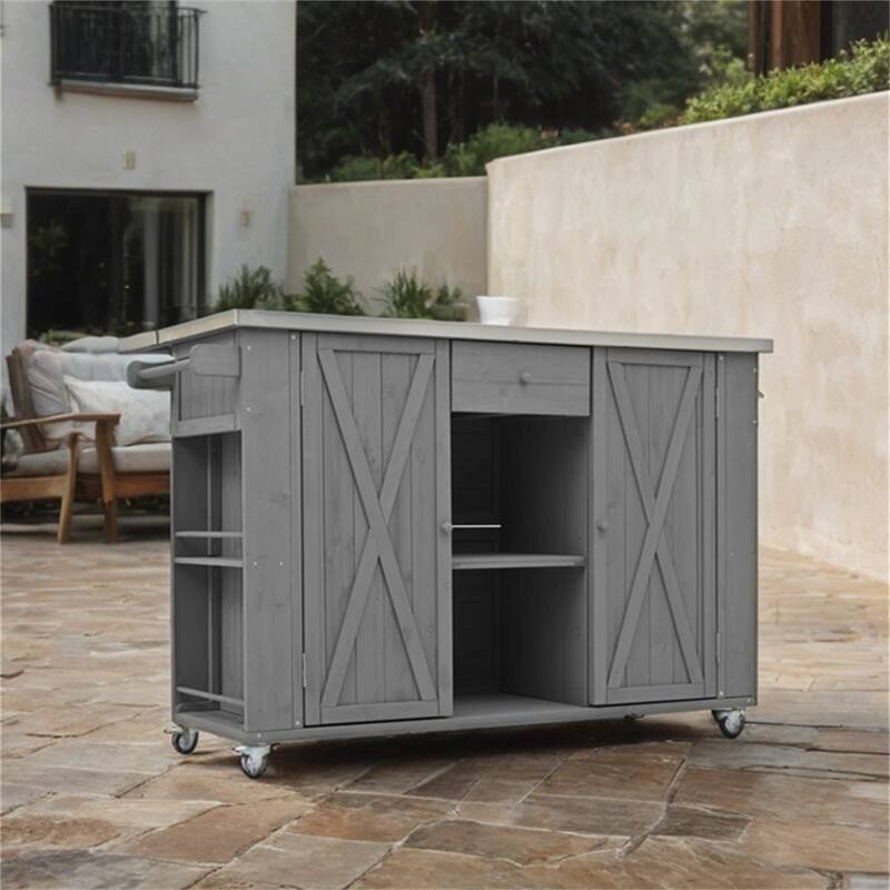 Outdoor Wood Kitchen Island w/ Stainless Steel Top,Towel,Bottle Opener