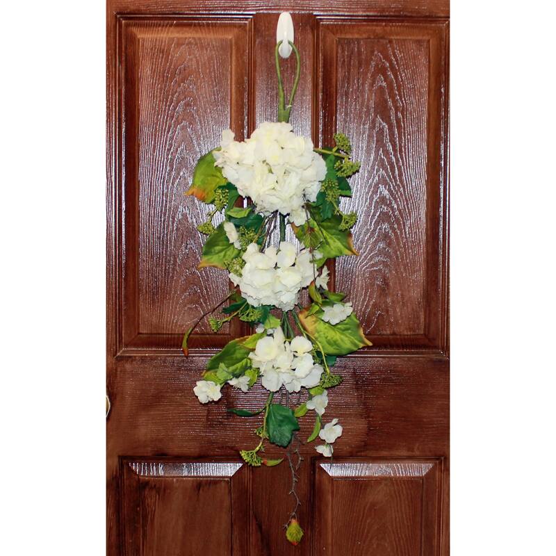 35" White Hydrangea and Green Leaves Teardrop - 35