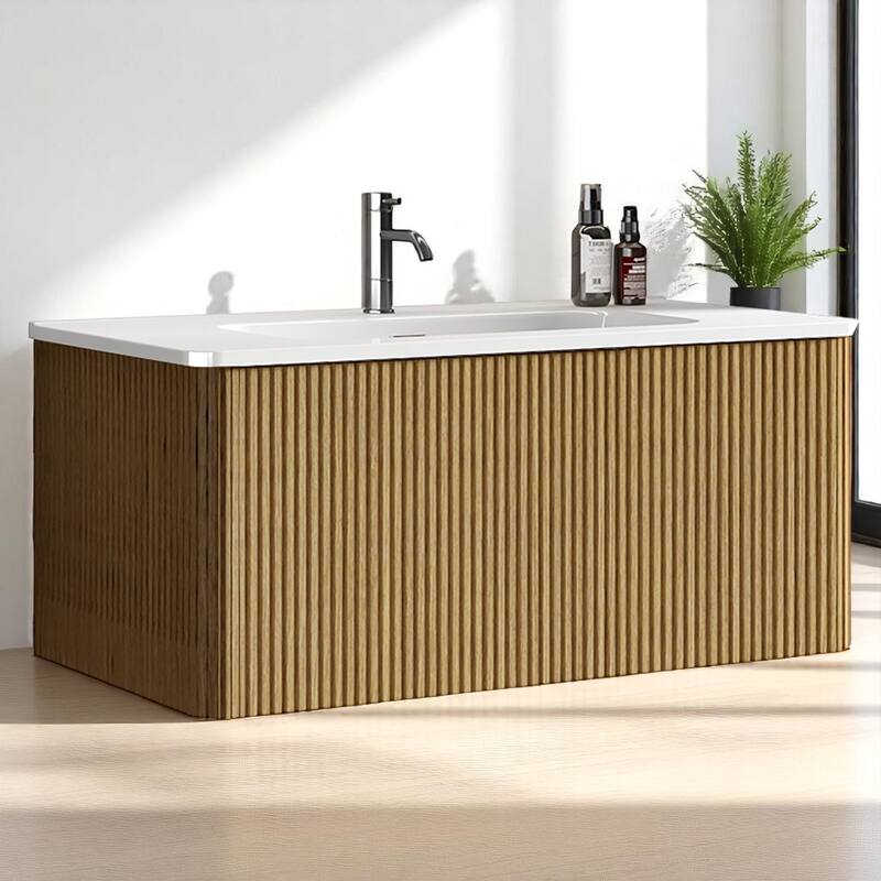 36" Floating Bathroom Vanity, Integrated Ceramic Sink, Push-Open Drawer & U-Shape Wall Fitting,Wall-Mounted MDF Vanity Cabinet