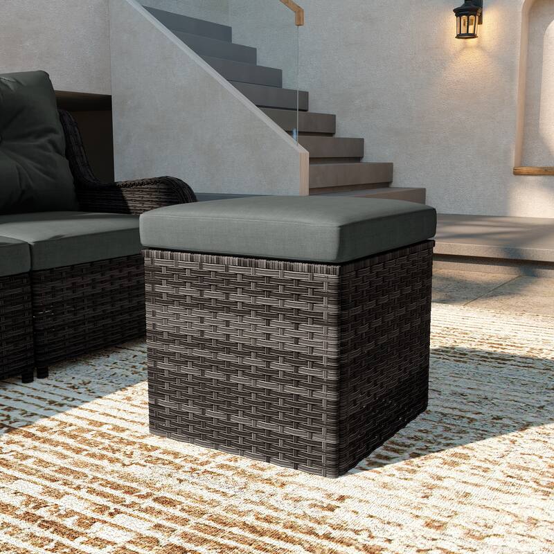 Outdoor Wicker Square Storage Ottoman with Plush Cushion - GreyBase-Dark Grey