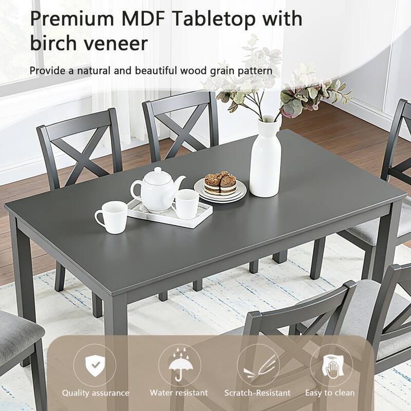 7-Piece Dining Set, 58.5" Wood Dining Table with 6 Padded Chairs