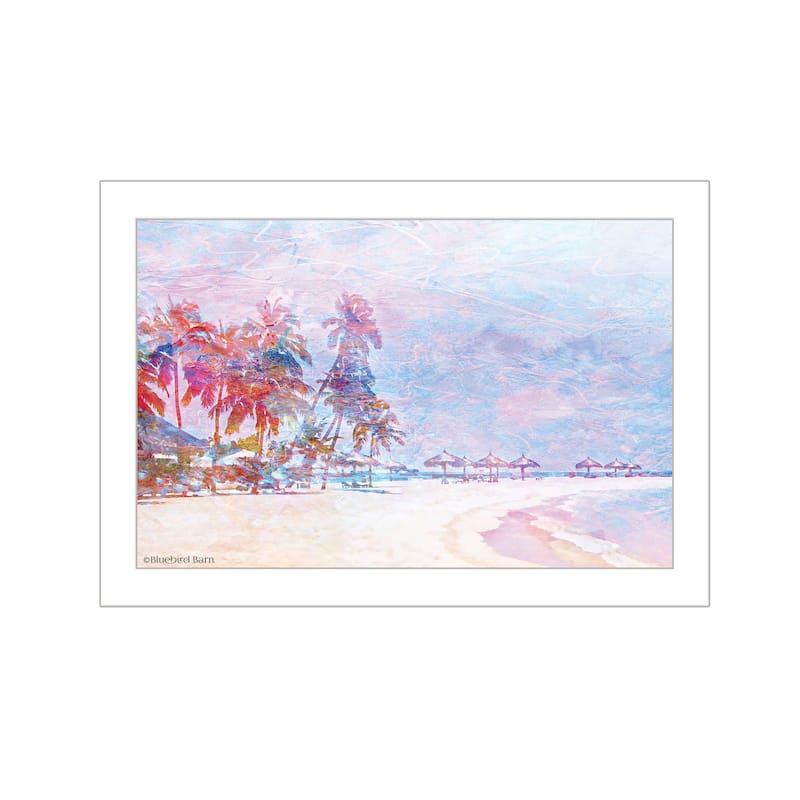 TrendyDecor4U Contemporary "Rainbow Bright Sandy Beach with Umbrellas" Framed Print Wall Art - White