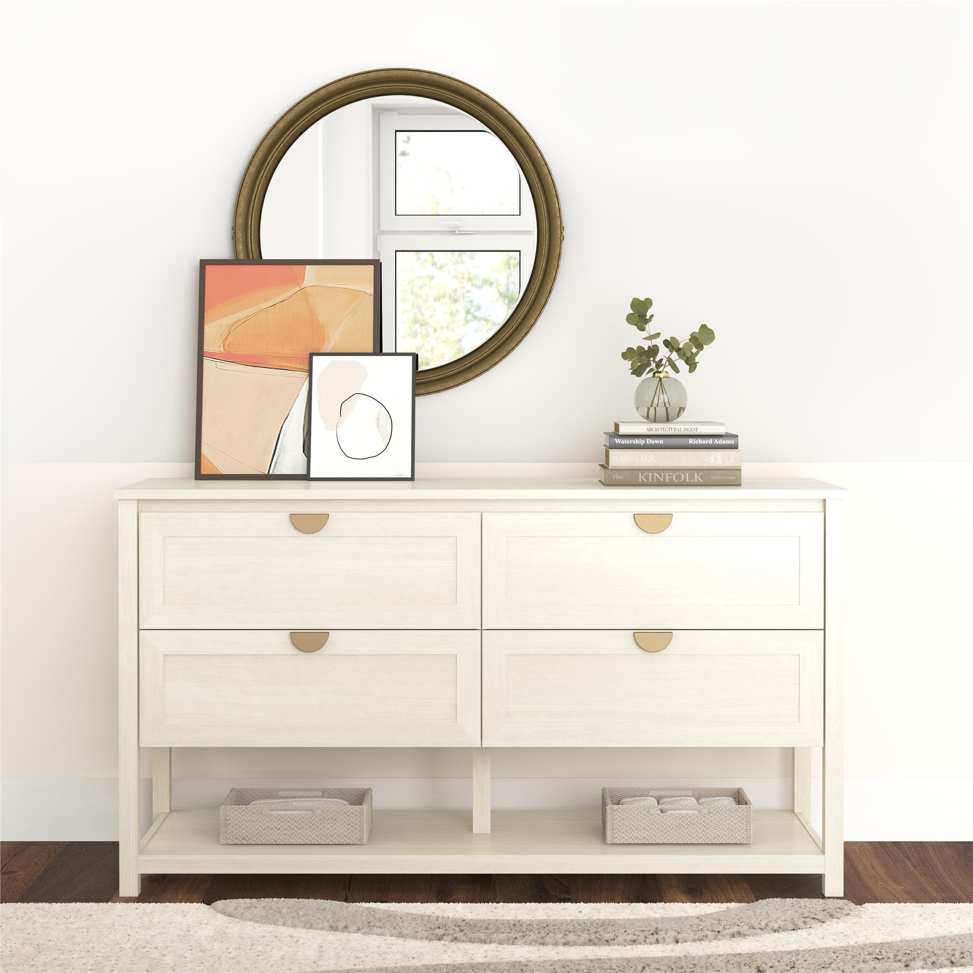 Mr. Kate Primrose Wide 4 Drawer Dresser with Shelf, Ivory Oak