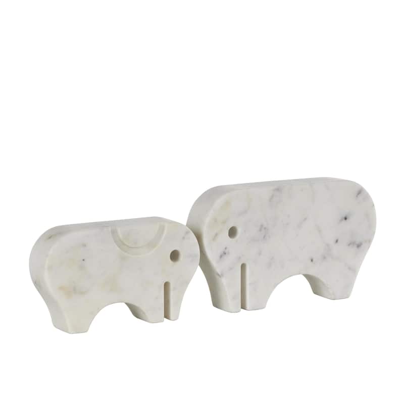 Marble Elephant Rounded Abstract Sculpture with Gray Marble Veins and Cutouts - Set of 2 White - Roche River Decor