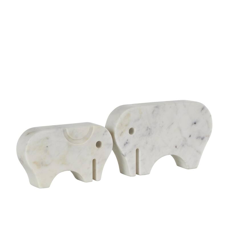 White Marble Rounded Abstract Elephant Decorative Sculpture with Gray Marble Veins and Cutouts (Set of 2)