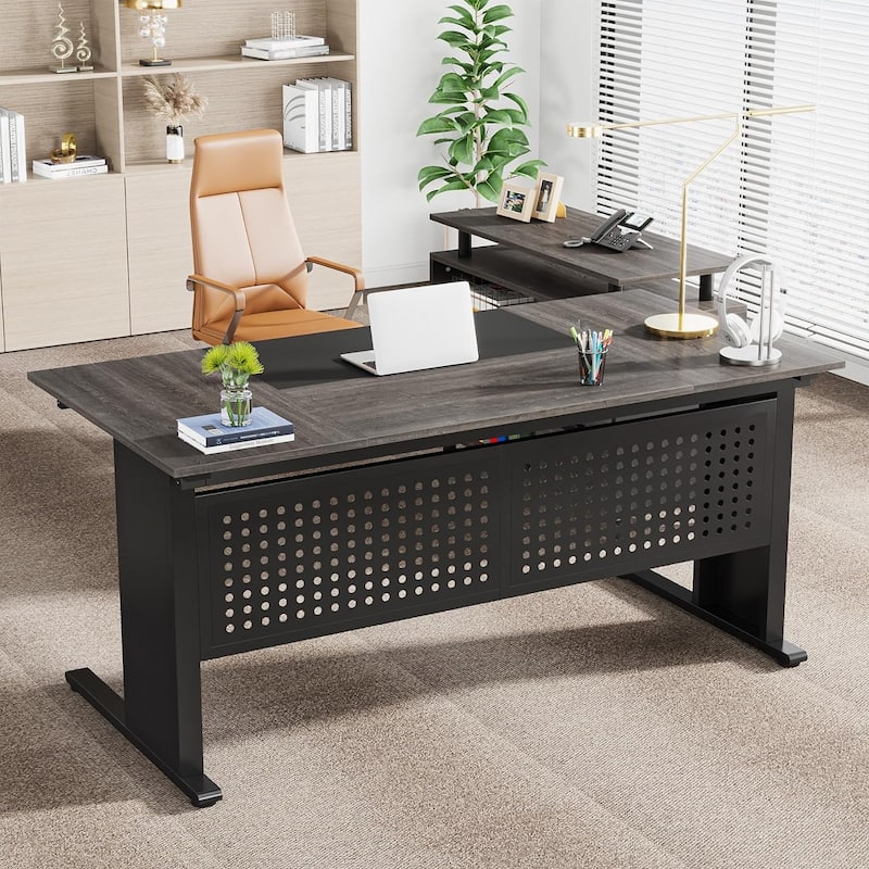 63 Inch Executive Desk with File Cabinet, Large Office Desk L Shaped Computer Desk