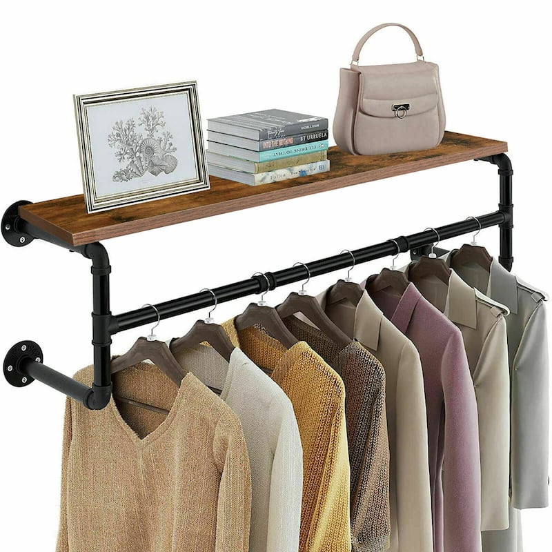Industrial Pipe Garment Rack with Wood Shelf Wall Mounted Clothing Rack