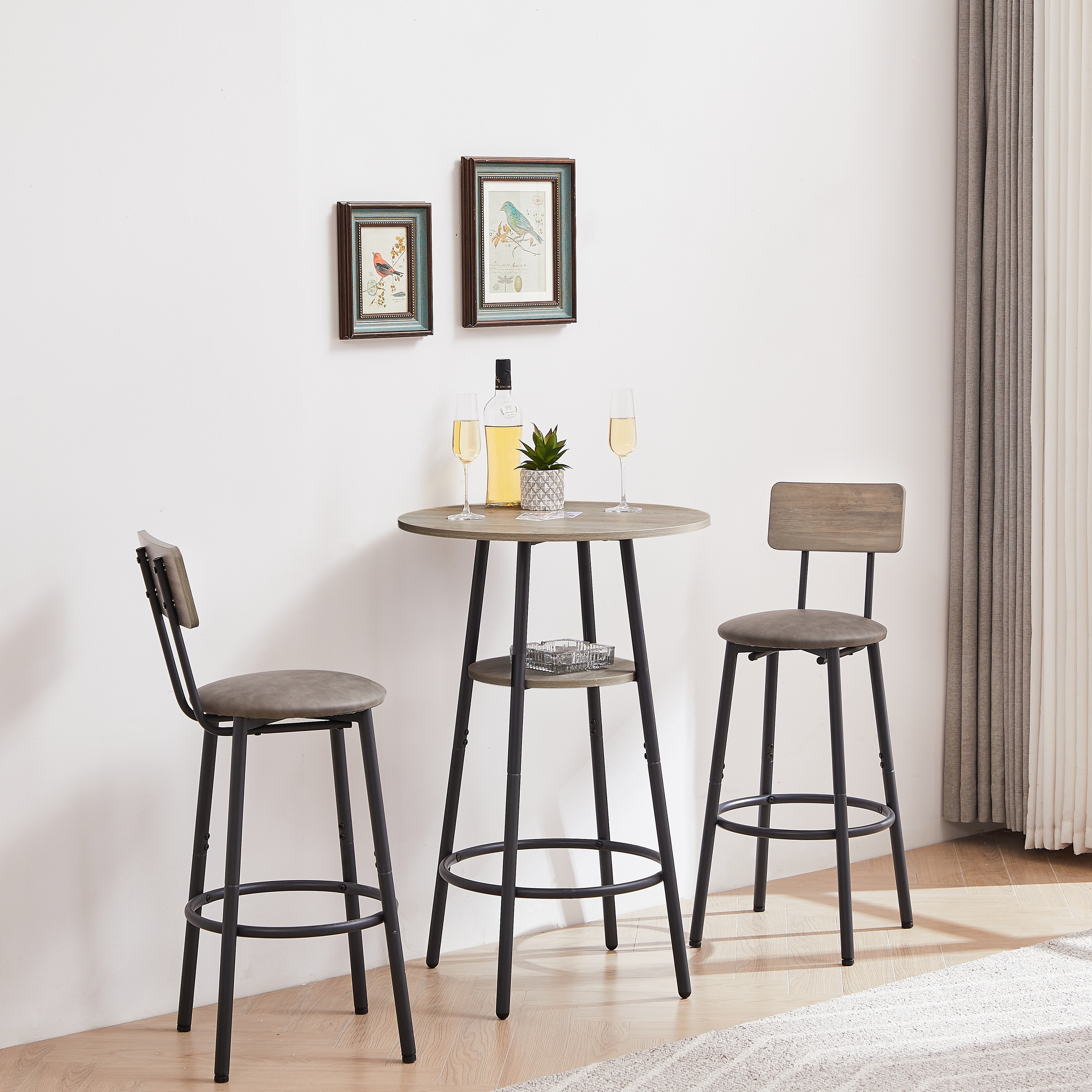 Round Bar Stool Set With Shelf Upholstered Stool With Backrest Grey
