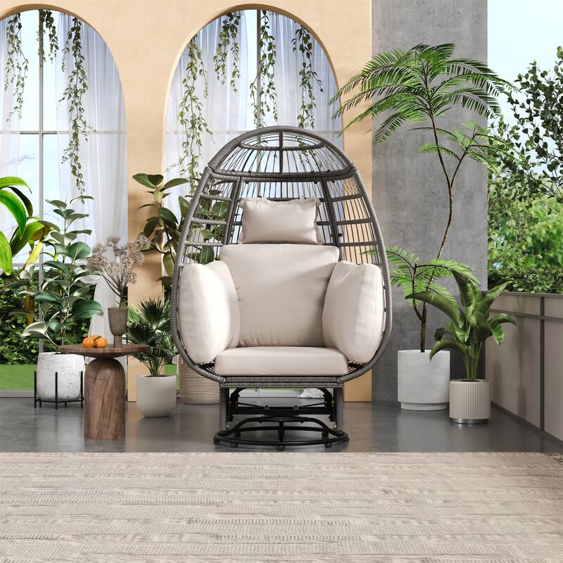 Patio Grey Rattan Egg Chair, Outdoor Swivel Chair with Cushions