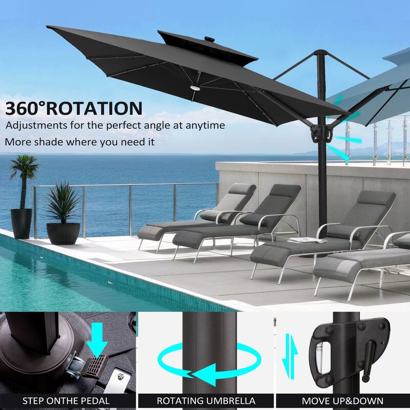 9 X 11 FT Outdoor Patio Cantilever Umbrella with Solar Lights Wheeled Base Double Canopy 360 Rotation Tilt