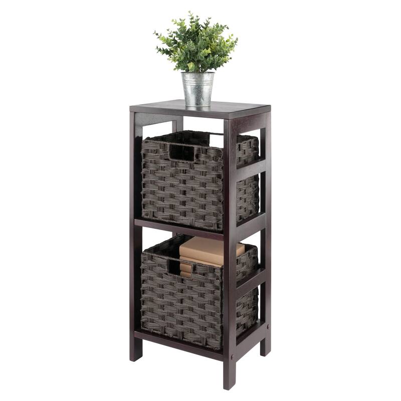 Leo 3-Pc Storage Shelf with 2 Foldable Woven Baskets, Espresso and Chocolate - 13.39 x 11.22 x 29.21 inches