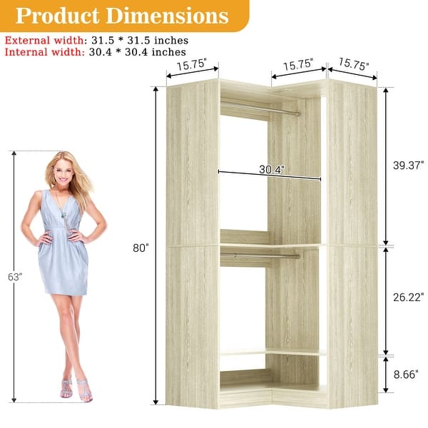 Qvella 31.5'' W Corner Closet System with Hanging Rods and Shelves,Corner Wardrobe  Closet Organizer for Walk-in/Reach-in Closet - Bed Bath & Beyond - 43210956