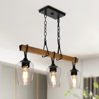 Zarbel Modern Farmhouse Glass Linear Chandelier Rustic 3-Light Black Metal Small Kitchen Island Lights